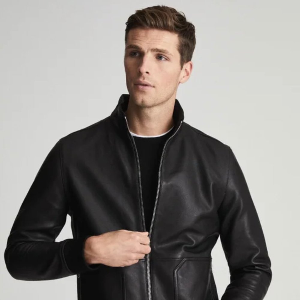 Reiss Walton Funnel Neck Leather Jacket XS NWT